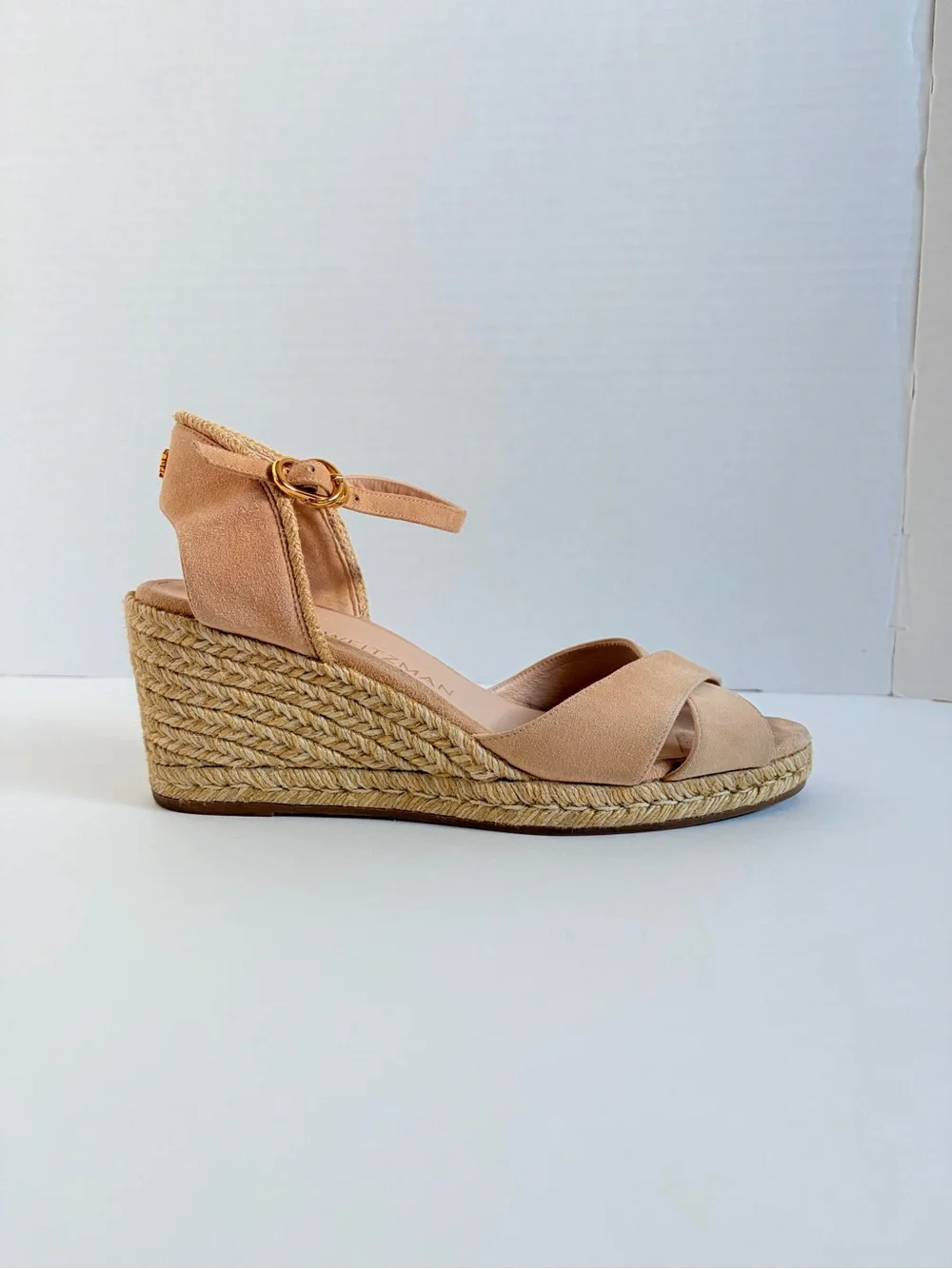 Stuart Weitzman Espadrille Wedge Sandals Platform Suede Raffia Tan Beige Size 9 - Picture 10 of 14